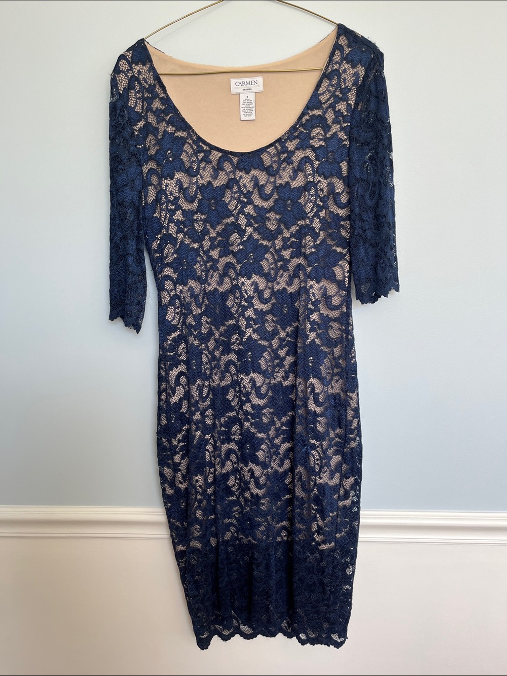 Carmen Navy Lace Midi Dress with Nude Slip